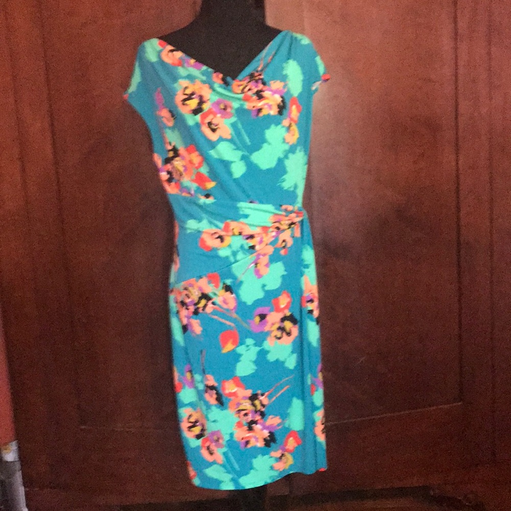 Polyester dress teal and orange floral print